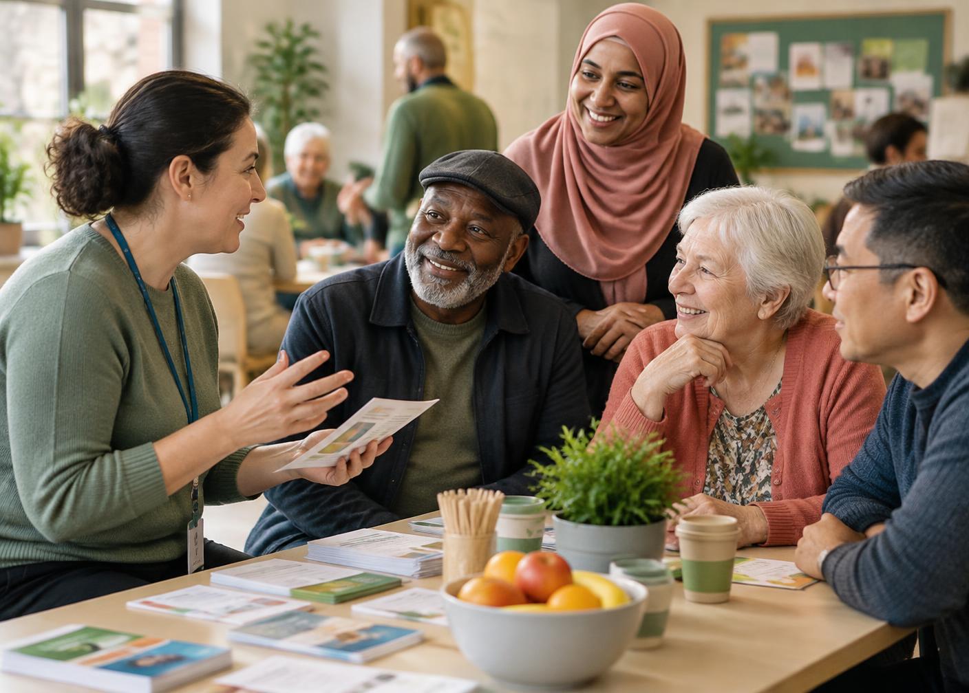 A diverse community group engaged in a health education conversation