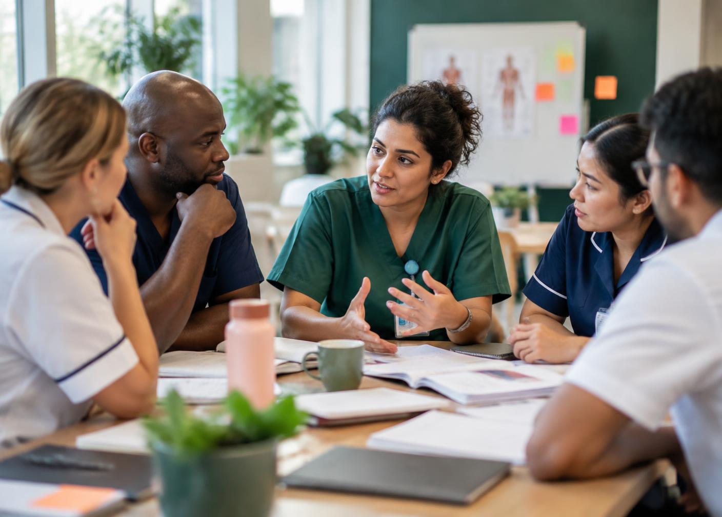 A diverse group of healthcare professionals learning together